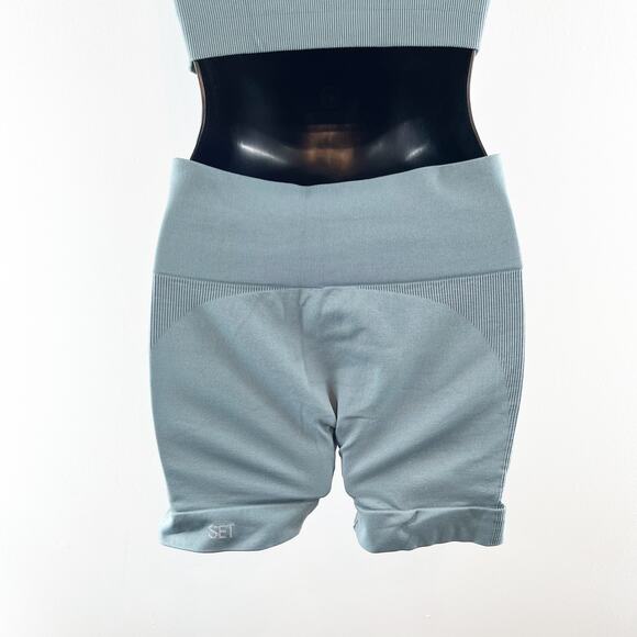 SET Active Sculptflex Power Ribbed Sports Bra Bike Short Set Muted Blue Large - Picture 8 of 8